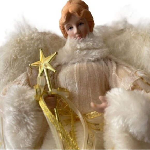 Vintage Angel Tree Topper Standing Figure Porcelain Head Hands Feather Wings 12" - Picture 3 of 9